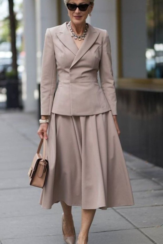 Effortlessly polished outfit for women over 50: A taupe tailored blazer with pleated taupe midi skirt, small brown handbag,...