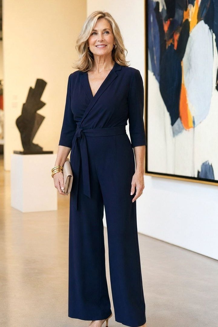 Effortlessly polished outfit for women over 50: A navy wrap jumpsuit with wide legs, nude heels; art gallery interior