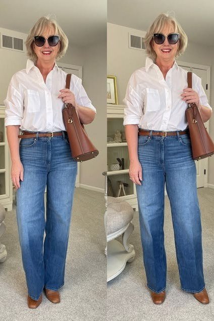 Effortlessly polished outfit for women over 50: Two poses: a white button-down shirt and medium-wash jeans with a brown...