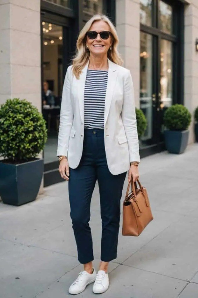 Effortlessly polished outfit for women over 50: A white blazer over a striped tee, dark skinny jeans, white sneakers, tan...