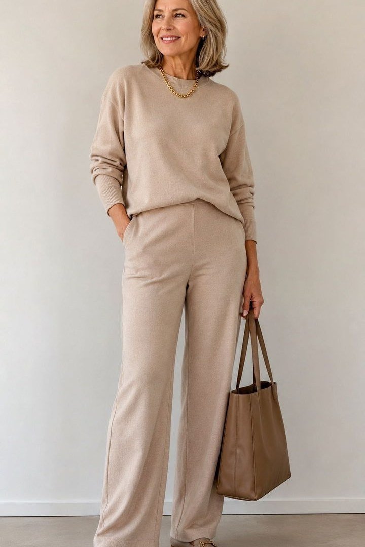 Effortlessly polished outfit for women over 50: A beige knit short-sleeve top and matching beige wide-leg knit trousers,...