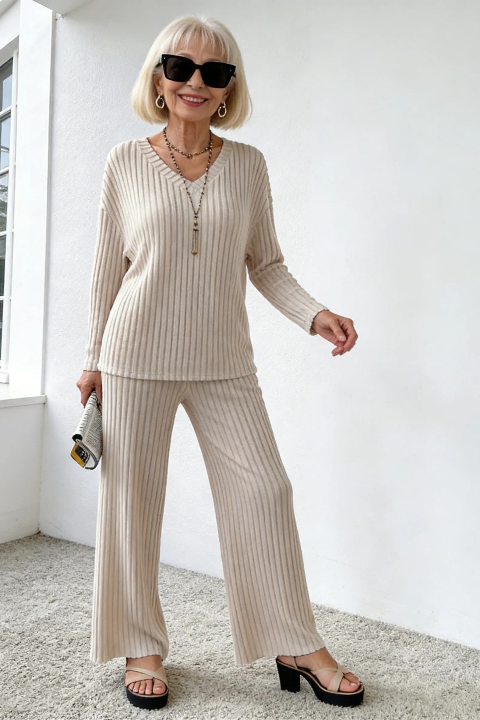 Effortlessly polished outfit for women over 50: An ivory ribbed knit long-sleeve top and matching ivory wide-leg knit...