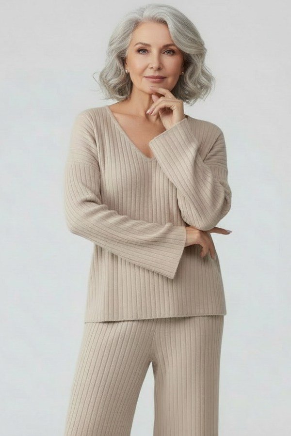 Effortlessly polished outfit for women over 50: A beige ribbed knit wrap top and matching beige ribbed knit trousers