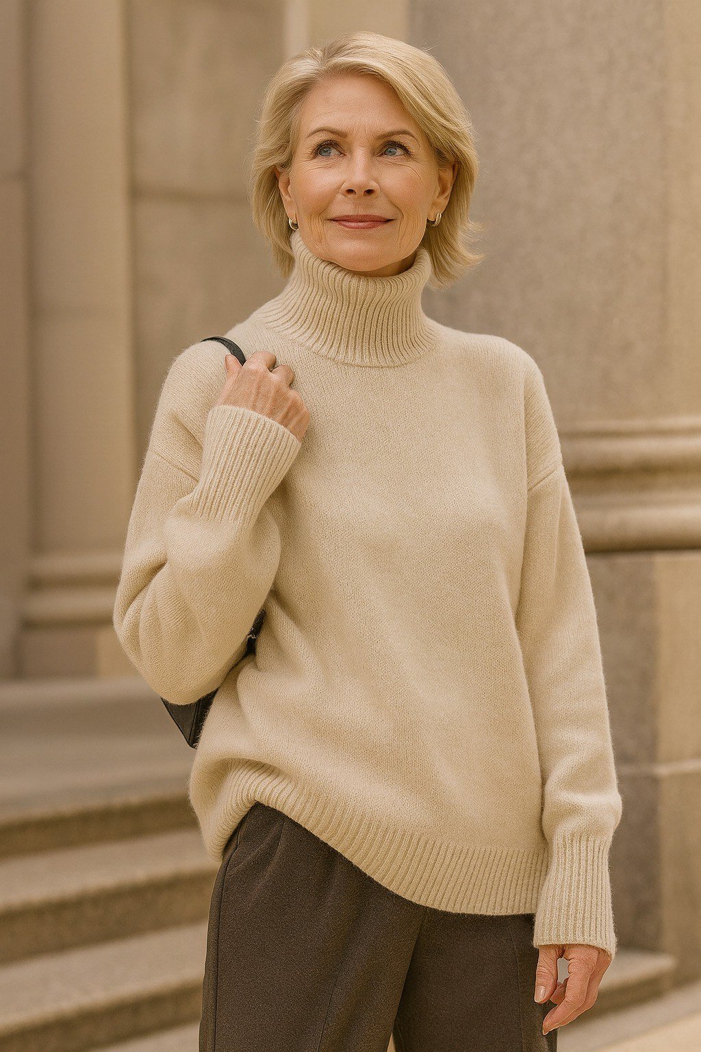 Effortlessly polished outfit for women over 50: An ivory turtleneck sweater and dark brown trousers; stone building exterior