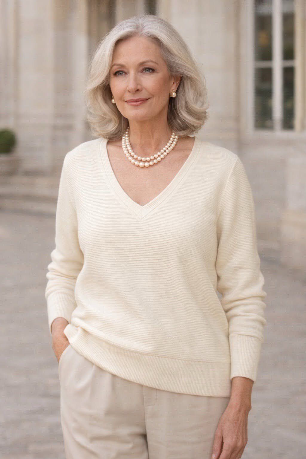 Effortlessly polished outfit for women over 50: A cream V-neck sweater with a pearl necklace and beige trousers