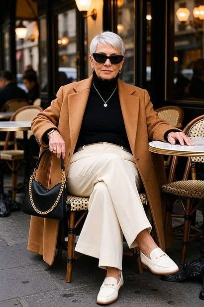 Effortlessly polished outfit for women over 50: A camel coat over a black top and cream trousers, white loafers, black...