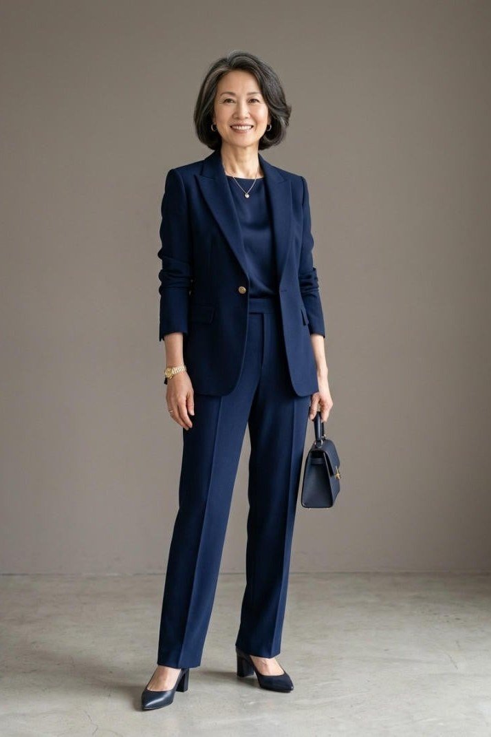 Effortlessly polished outfit for women over 50: A navy tailored suit, navy heels, small black bag; gray studio background