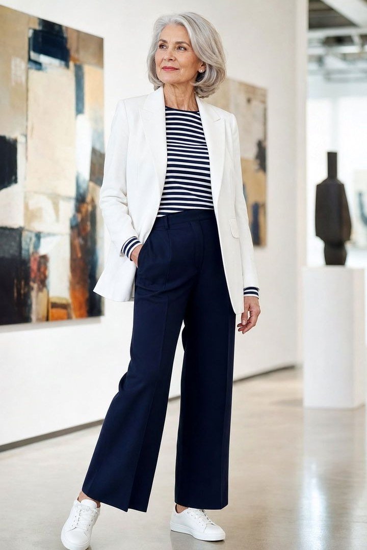 Effortlessly polished outfit for women over 50: A white blazer over a striped top, navy wide-leg trousers, white sneakers