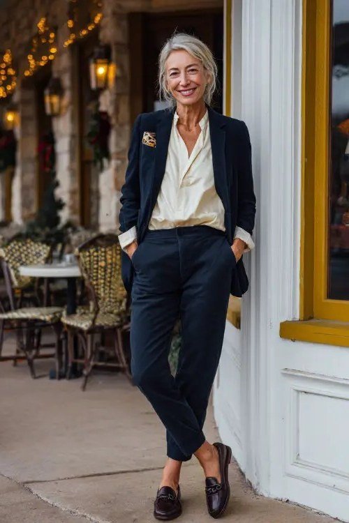 Effortlessly polished outfit for women over 50: A navy blazer and navy trousers with loafers; outdoor cafe