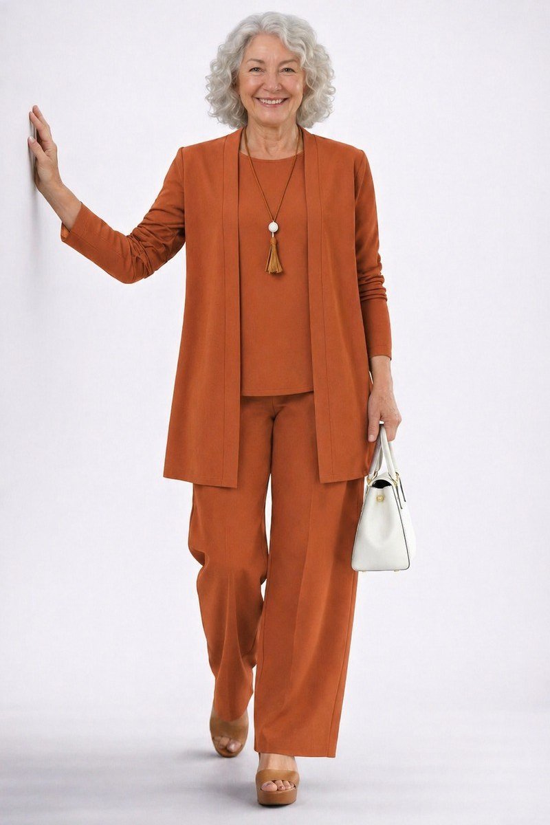 Effortlessly polished outfit for women over 50: A monochrome rust suit: rust blazer, rust top, rust wide-leg trousers, tan...