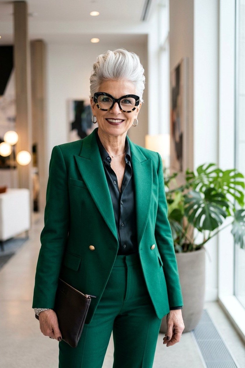 Effortlessly polished outfit for women over 50: An emerald green suit with a black shirt, holding a dark clutch