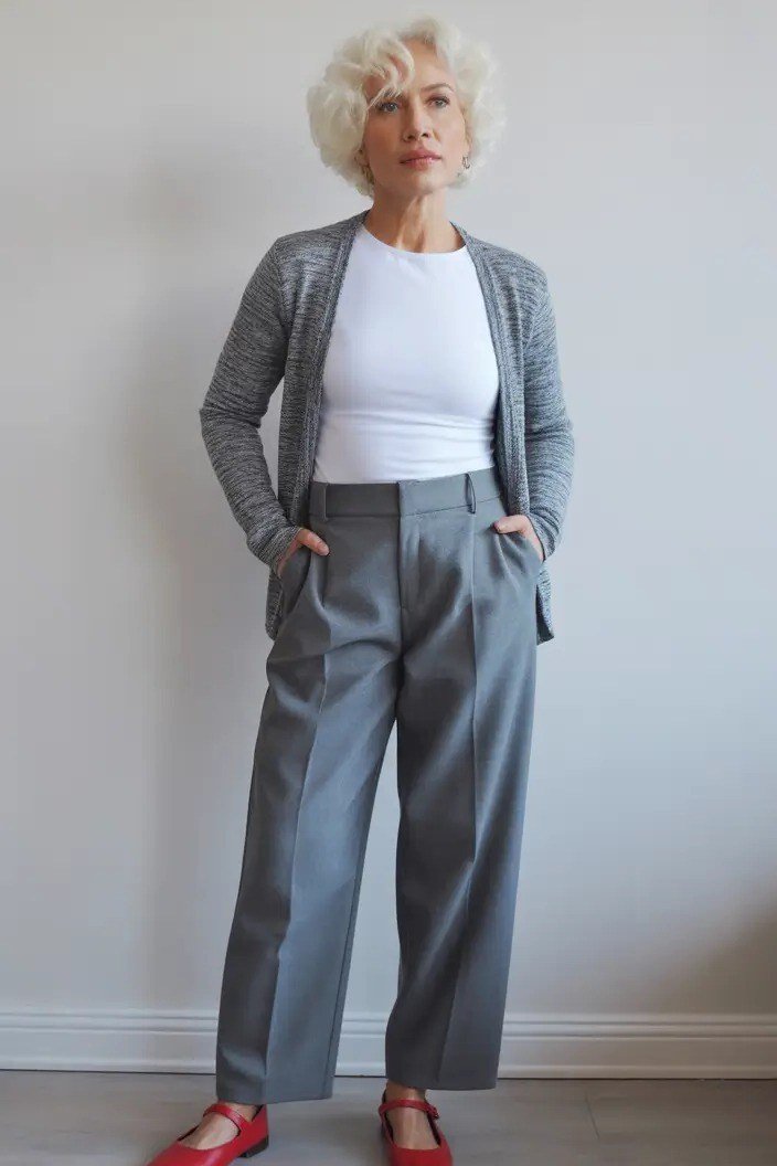 Effortlessly polished outfit for women over 50: A gray cardigan over a white tee and gray wide-leg trousers, red flats