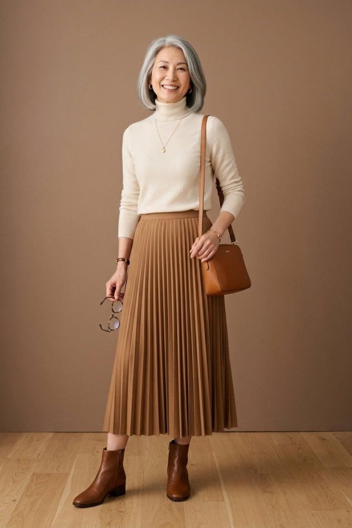 Effortlessly polished outfit for women over 50: A cream turtleneck tucked into a tan pleated midi skirt, brown boots, tan...