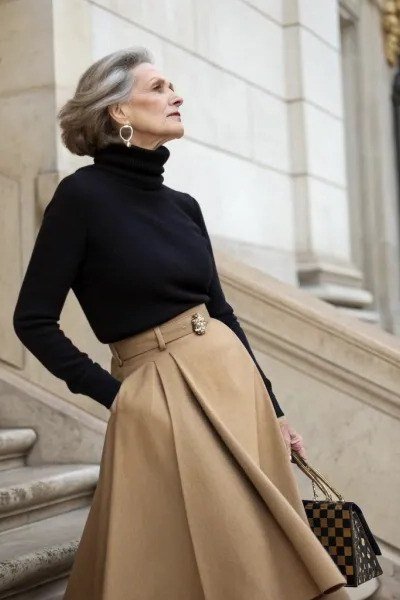 Effortlessly polished outfit for women over 50: A black turtleneck tucked into a camel pleated midi skirt, patterned tote