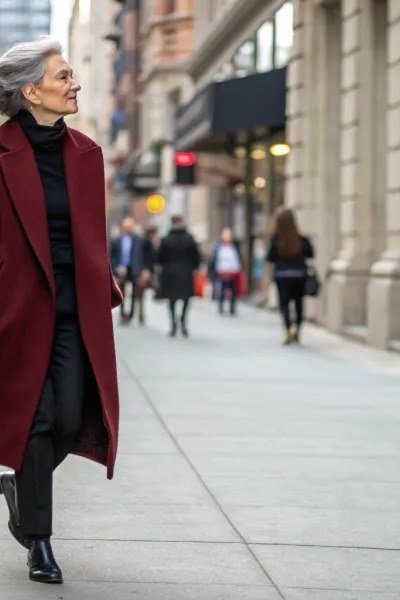 Effortlessly polished outfit for women over 50: A burgundy wool coat over a black turtleneck and black boots; city street