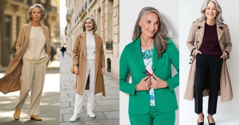 64 effortlessly polished outfits for women over 50 collage: camel coat, cream knit, emerald suit and trench looks