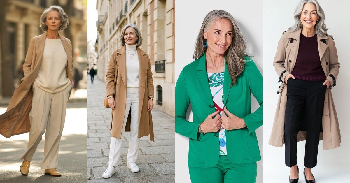 64 effortlessly polished outfits for women over 50 collage: camel coat, cream knit, emerald suit and trench looks