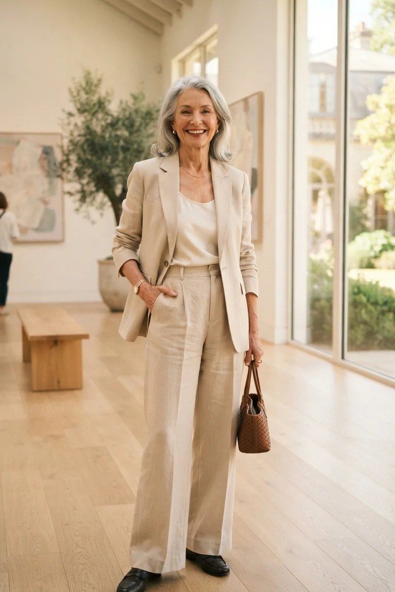 Older woman in a soft beige pantsuit with matching knit top and wide-leg trousers, styled for women over 70