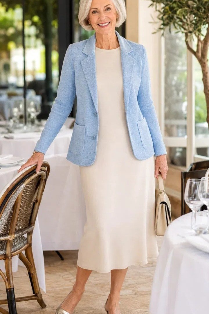 Older woman wearing a powder blue blazer over a cream knit midi dress, elegant style for women over 70