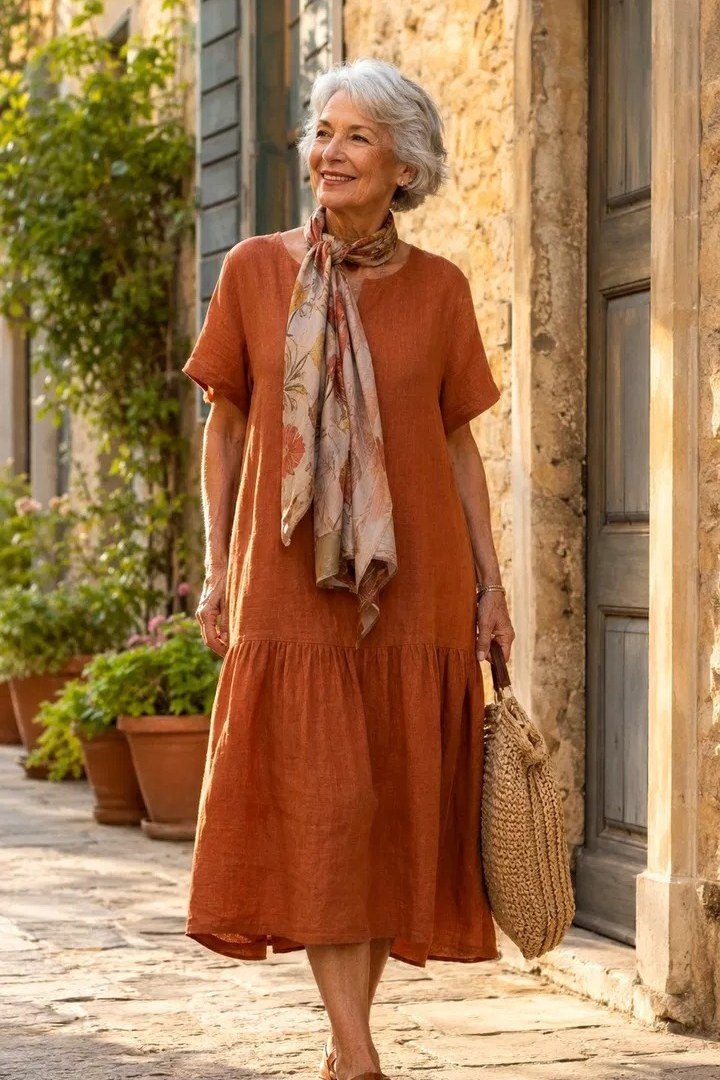 Older woman in a burnt-orange midi dress with printed scarf and woven tote, warm outfit for women over 70