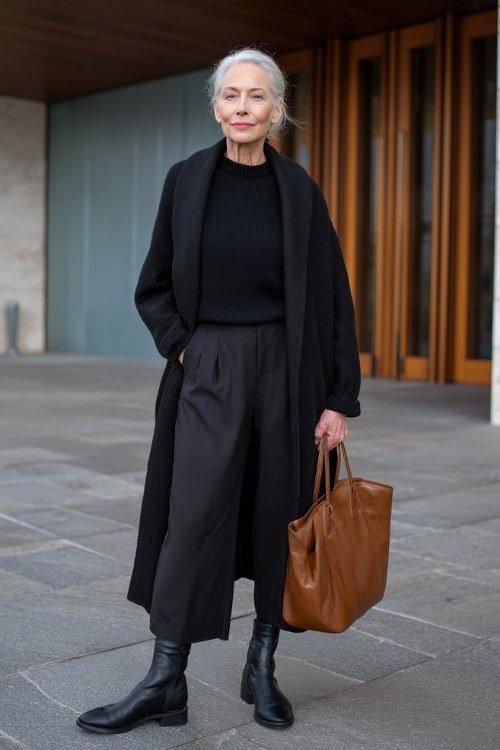 Woman over 70 wearing a long black coat over black trousers with tan leather bag, sharp city outfit