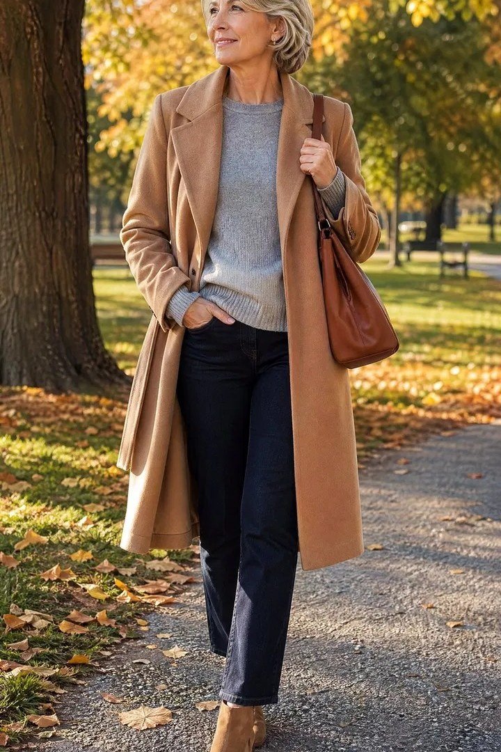 Woman over 70 in a camel coat over gray sweater and dark jeans in a fall park, classic outfit for older women