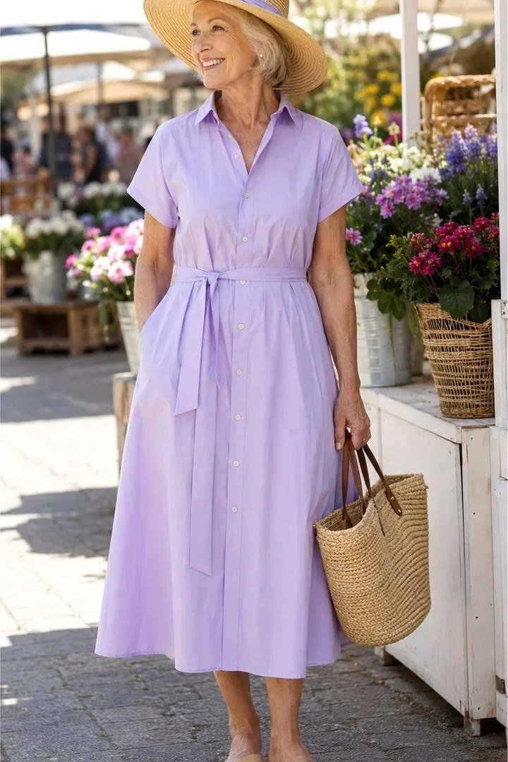 Woman over 70 in a lavender shirt dress with tie waist, straw hat and woven tote at a flower market