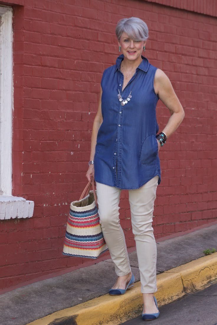 Older woman wearing a cobalt blue sleeveless shirt with white pants and a colorful woven tote