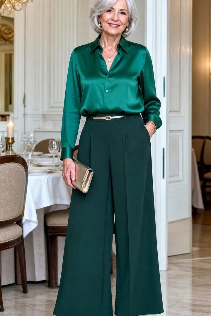 Woman over 70 in an emerald silk blouse and matching wide-leg pants with a gold belt, elegant evening outfit