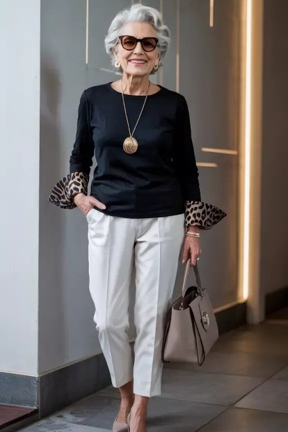 Woman over 70 in a black top with leopard print cuffs and white cropped pants with a pendant necklace