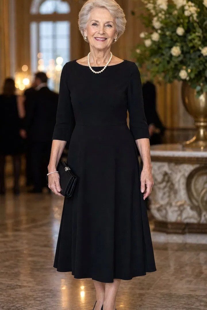 older woman in a black midi dress with pearls at an evening event, elegant outfit for women over 70