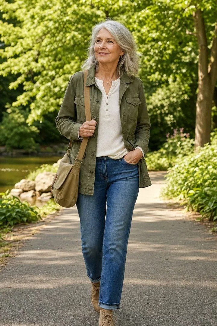 older woman wearing an olive utility jacket with jeans in a park, casual outfit for women over 70