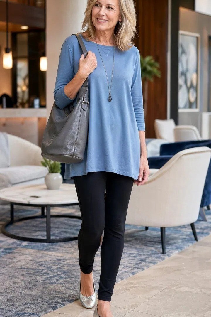 older woman in a periwinkle tunic and black leggings indoors, comfortable outfit for women over 70