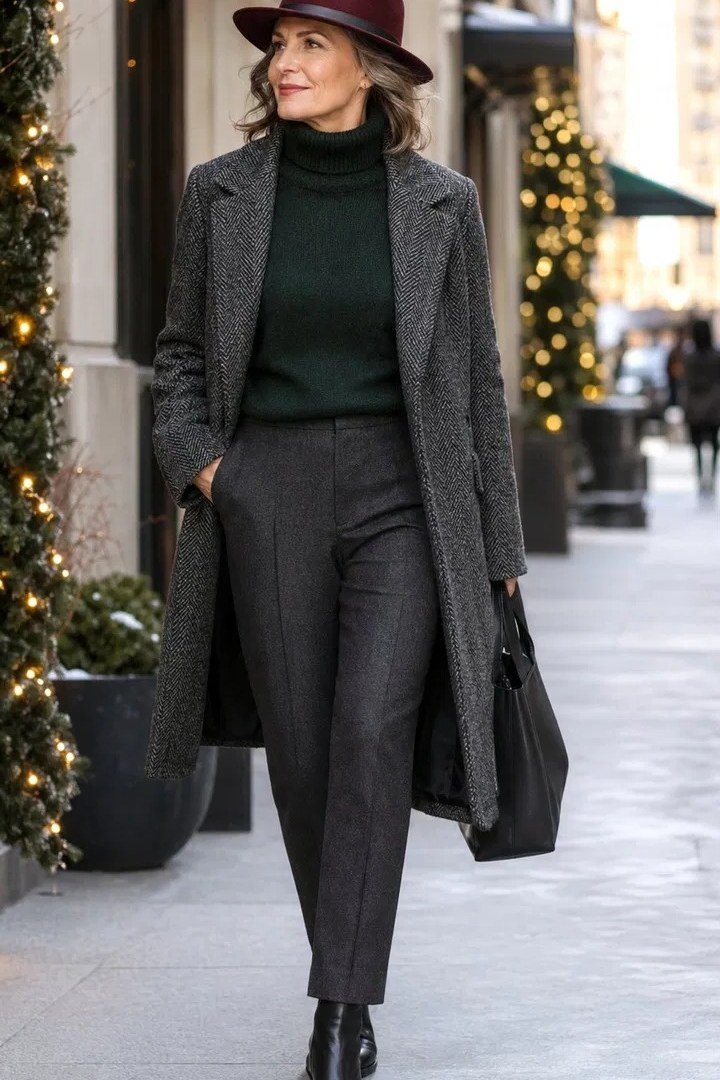 older woman wearing a gray plaid coat and burgundy hat on a winter street, winter outfit for women over 70