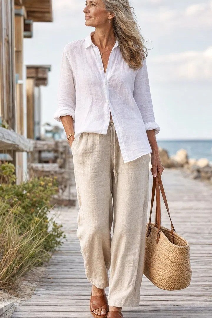 older woman in a white linen shirt and beige wide-leg pants on a boardwalk, summer outfit for women over 70
