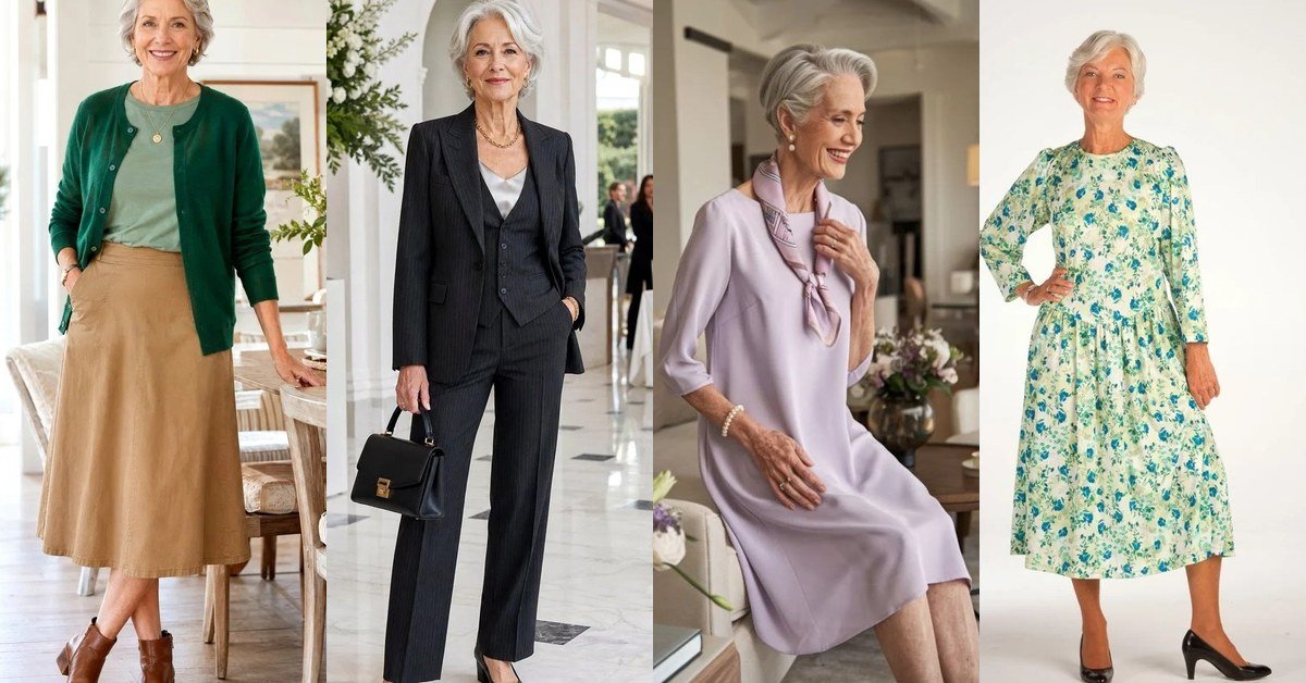 Collage of 70 stylish outfits for women over 70 - four elegant outfit ideas