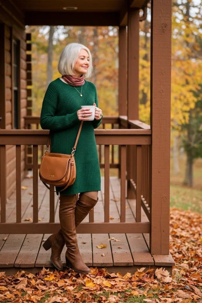 october outfits for women over 60: woman in emerald turtleneck sweater dress with cognac boots holding a mug on a fall porch