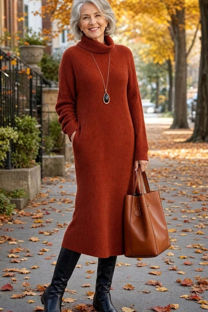 october outfits for women over 60: woman in rust turtleneck sweater dress with black knee boots and tan tote on a leafy street