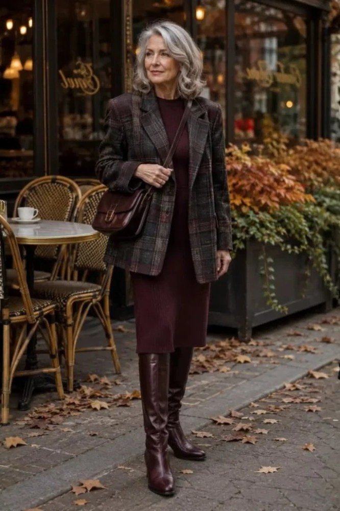 october outfits for women over 60: woman in burgundy sweater dress with plaid blazer and burgundy knee boots outside a cafe