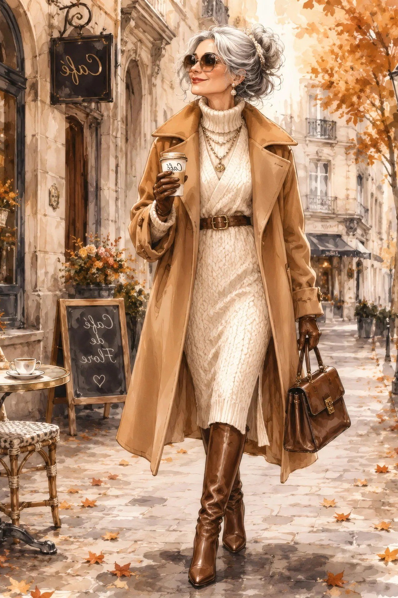 october outfits for women over 60: woman in cream cable-knit dress under camel coat with tan knee boots outside a cafe