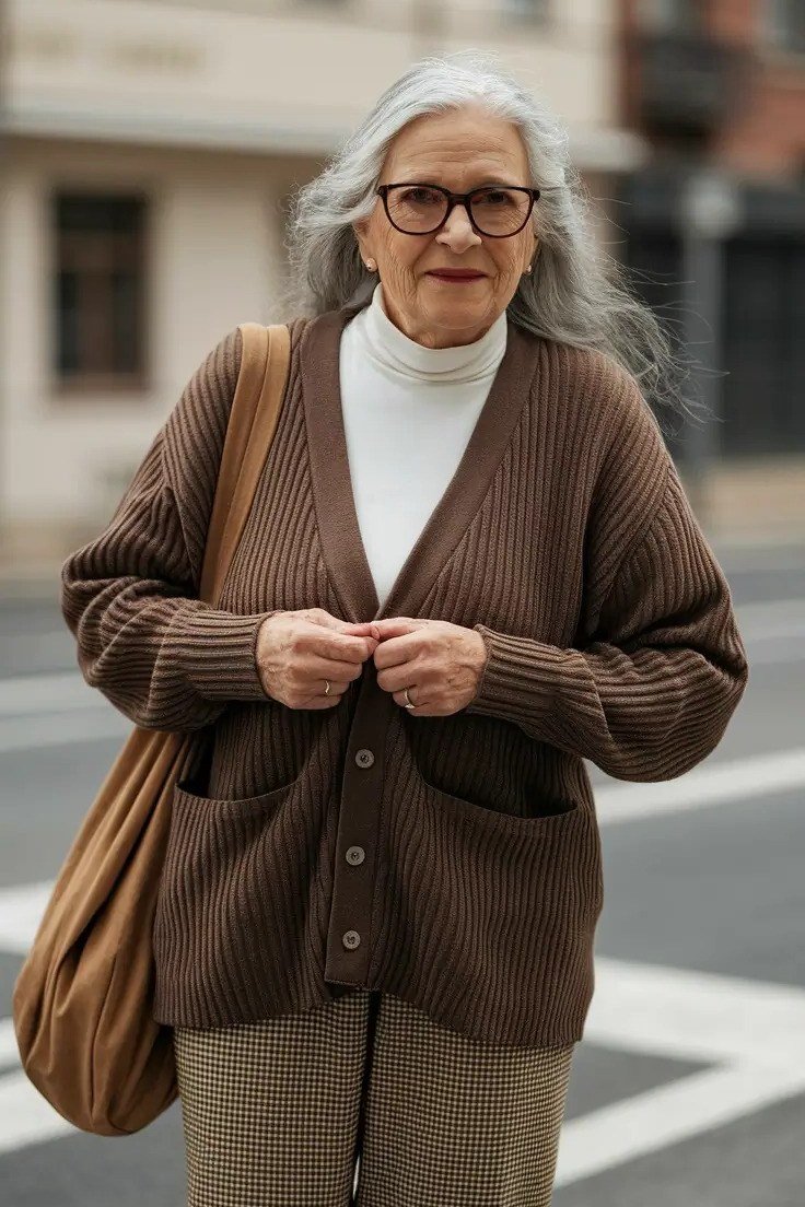 october outfits for women over 60: woman in chunky brown cardigan over white turtleneck with checkered trousers on a city street