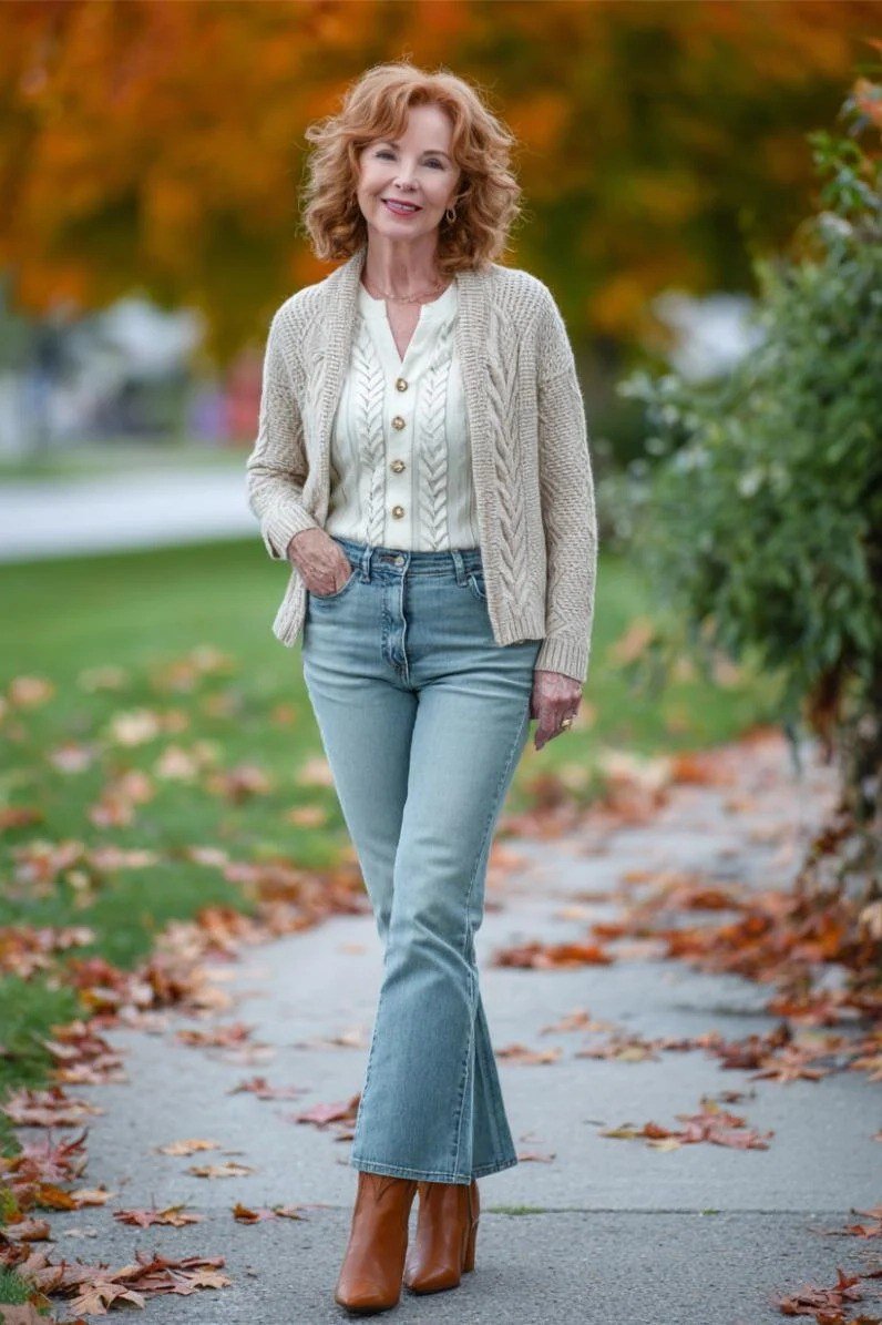 october outfits for women over 60: woman in cream cable-knit cardigan over white blouse with light flared jeans on a fall path