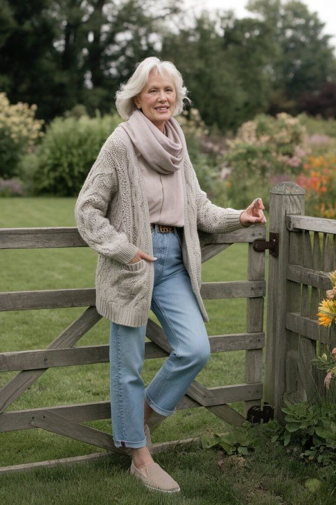 october outfits for women over 60: woman in cream cable-knit cardigan with light scarf and light-wash jeans by a garden fence