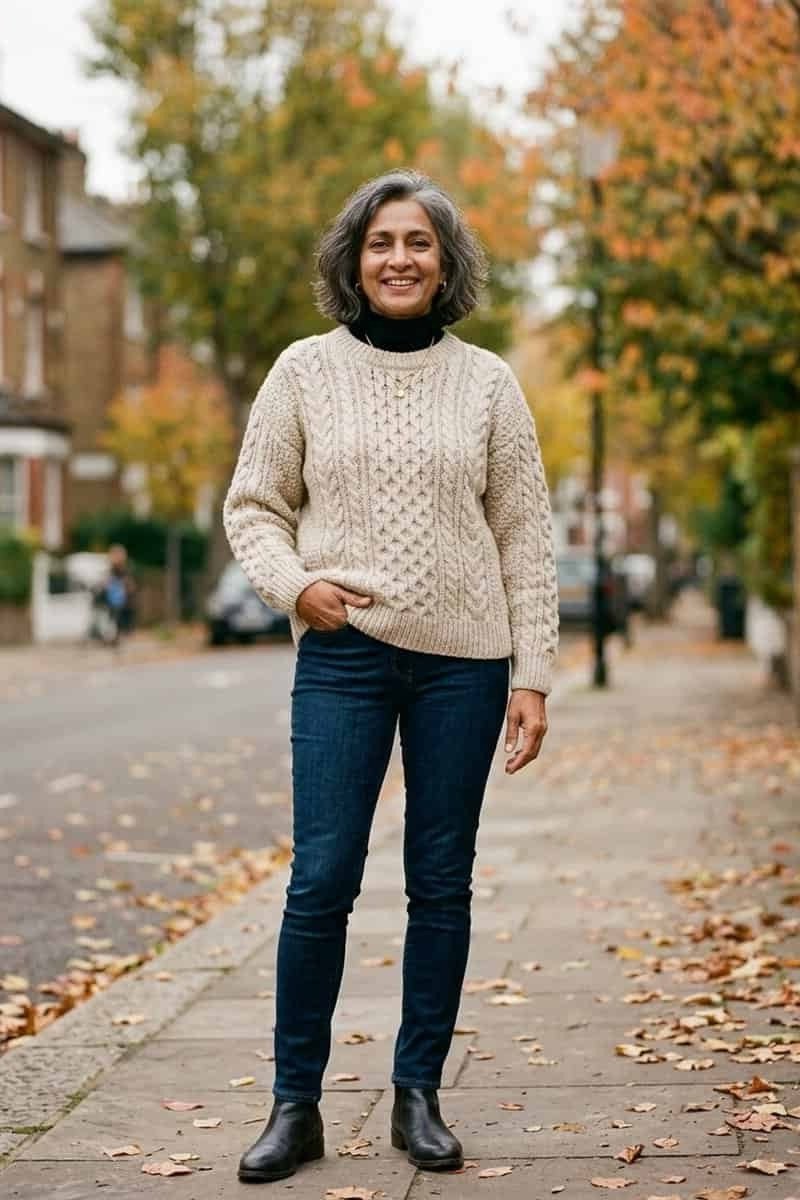 october outfits for women over 60: woman in cream cable-knit sweater with dark jeans and black ankle boots on a fall street