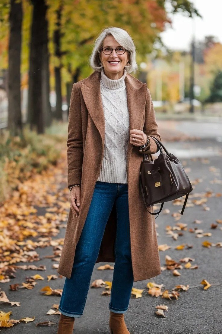 october outfits for women over 60: camel coat cream turtleneck jeans tan boots