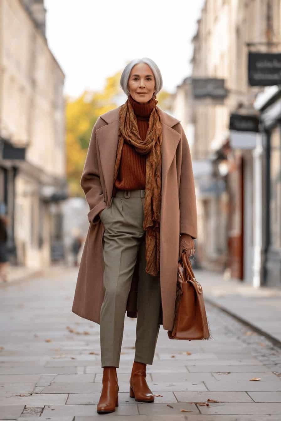 october outfits for women over 60: taupe coat rust sweater scarf tan ankle boots