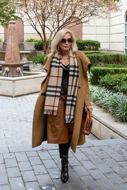 october outfits for women over 60: camel coat plaid blanket scarf black boots