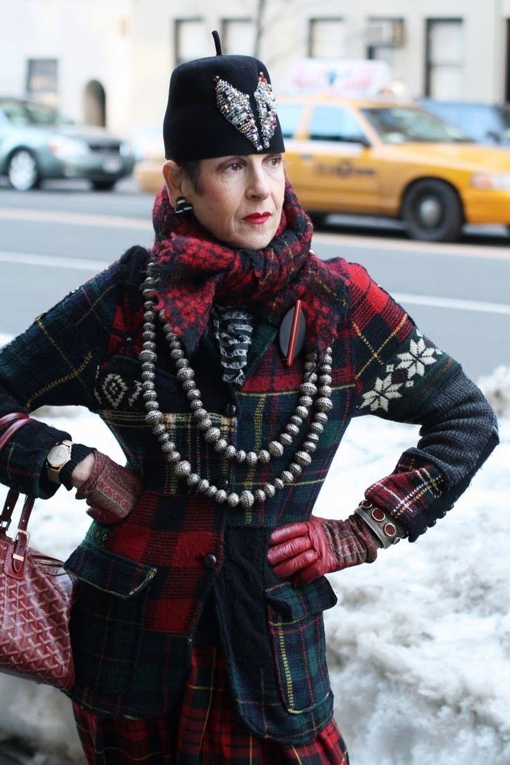 october outfits for women over 60: red plaid coat fur hat pearls