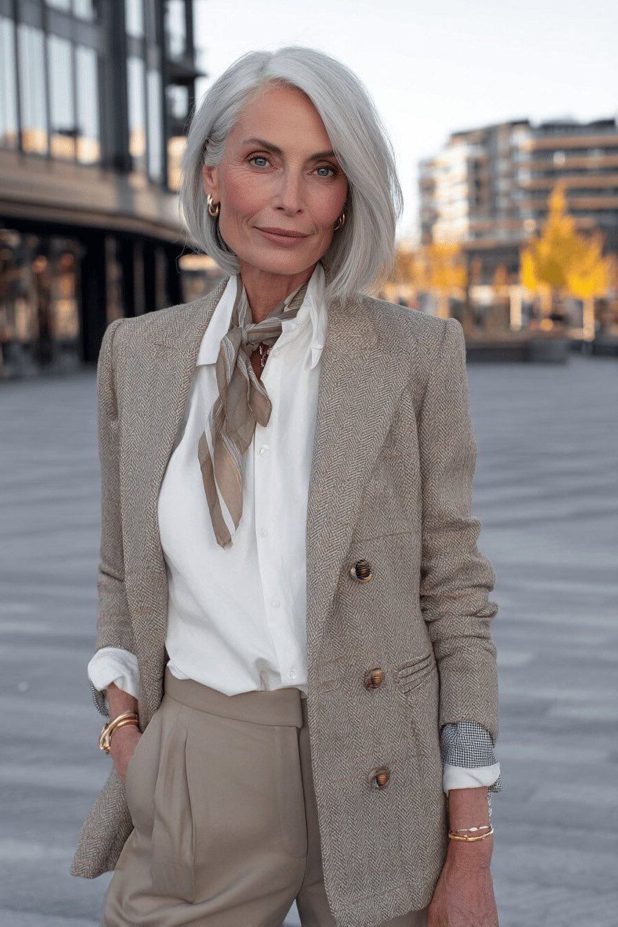 october outfits for women over 60: woman over 60 in taupe double-breasted blazer suit with tie neck blouse