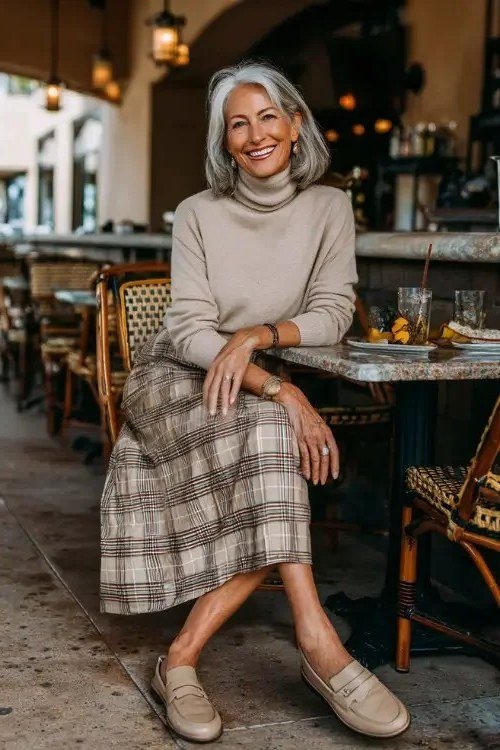 october outfits for women over 60: woman over 60 seated at cafe in cream turtleneck and plaid midi skirt with loafers